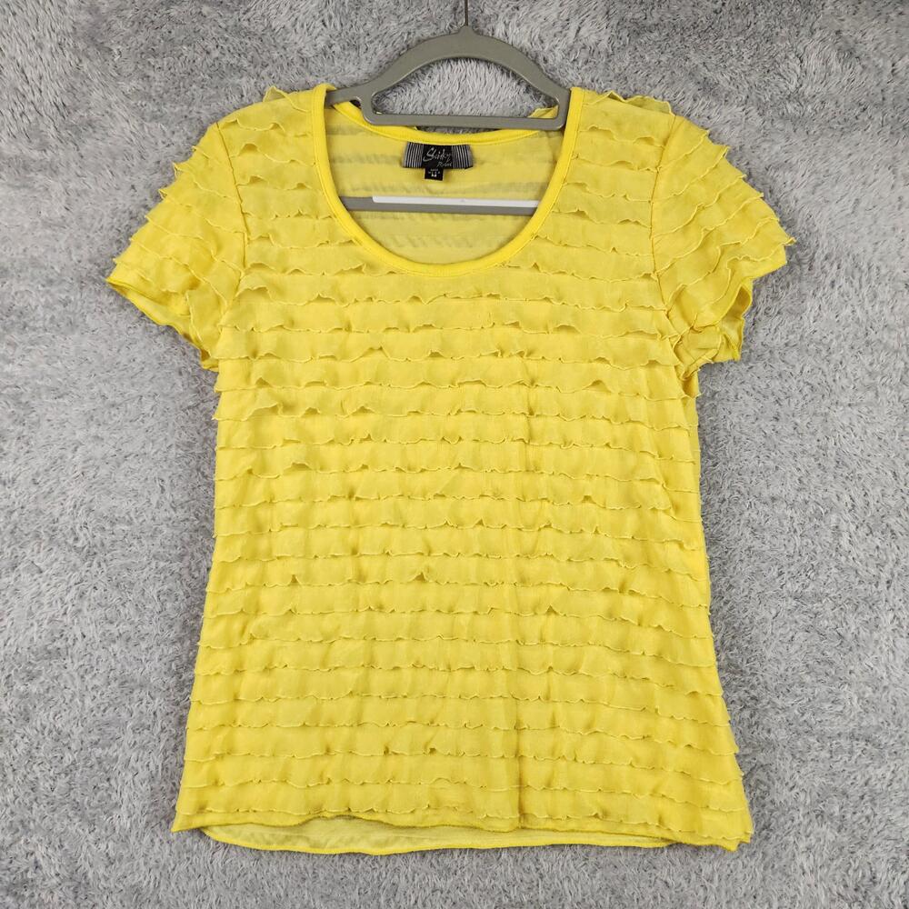 Vintage Slinky Brand Shirt Womens Medium Yellow Ruffle Stretch Summer Top USA